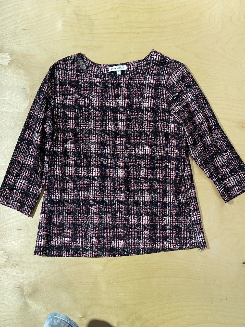 Emily Daniels Black and Pink Plaid Knit Boatneck Top Medium (SA)